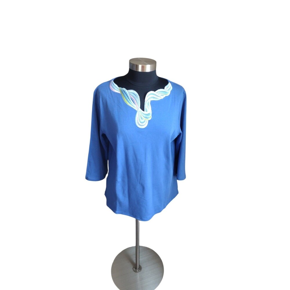 Bob Mackie Wearable Art Vintage 90s Boho Embroidered Blue Cotton Top Medium